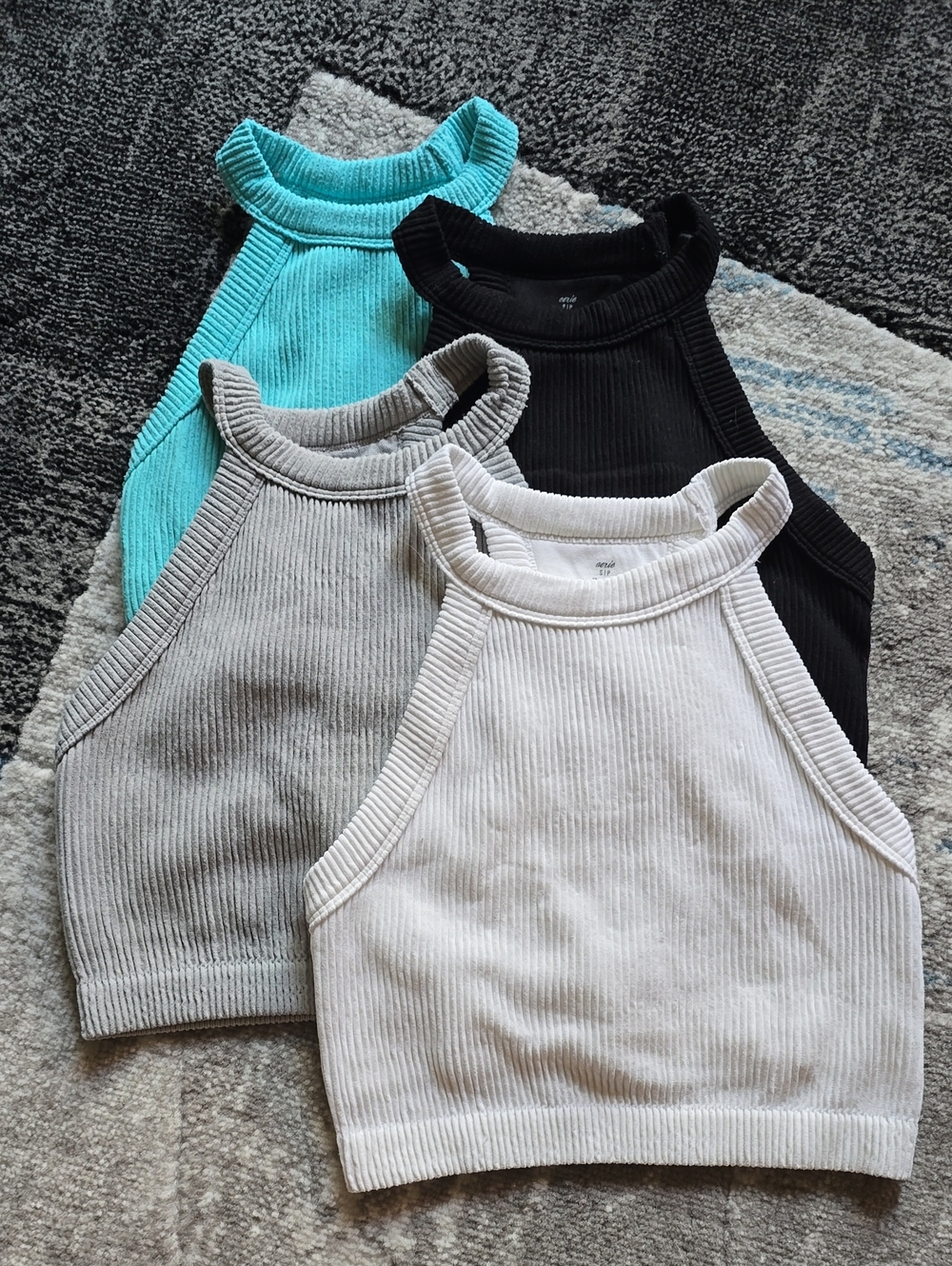 Aerie Ribbed Halter Crop Tops - Set of 4 (Black, White, Gray, Teal)